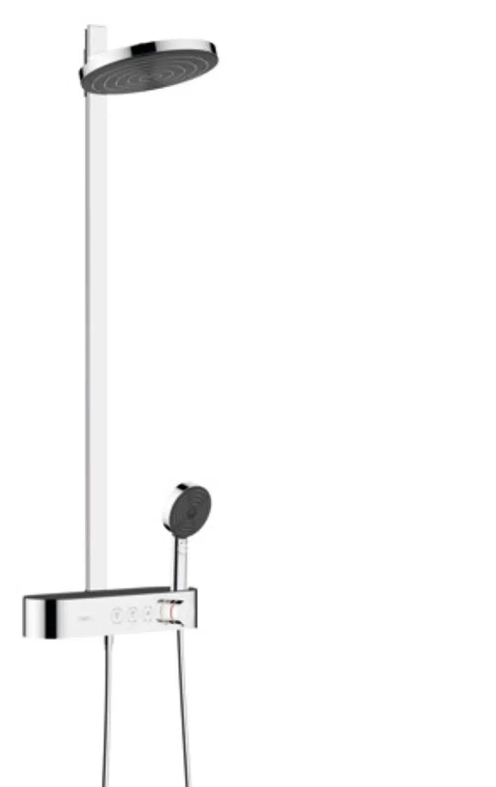Hansgrohe Duschsystem mit Regendusche und Handbrause, montiert an einer weißen Wand. Steuerungseinheit in Chrom mit drei Tasten zur Wasserregulierung.